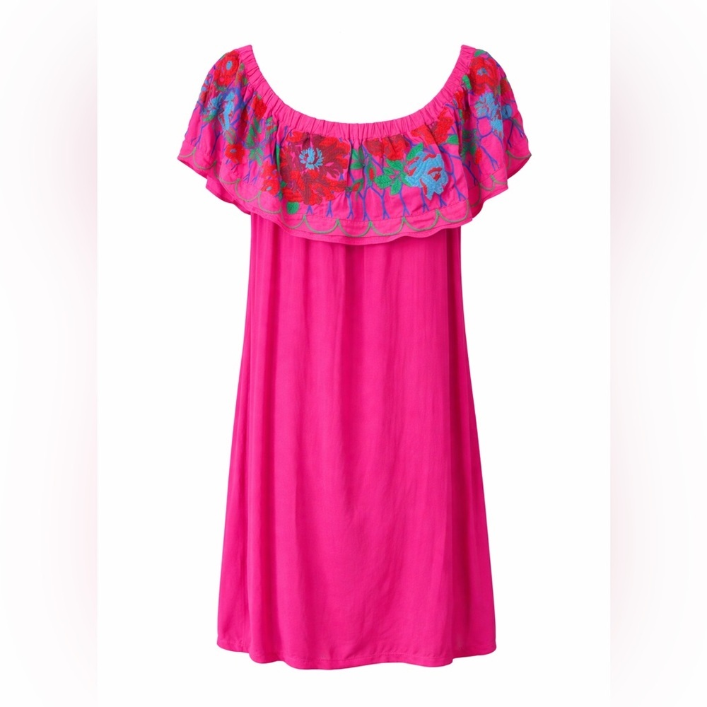Umgee Pink Embroidered Dress Boho Floral Peasant Fiesta Vacation- Size XL